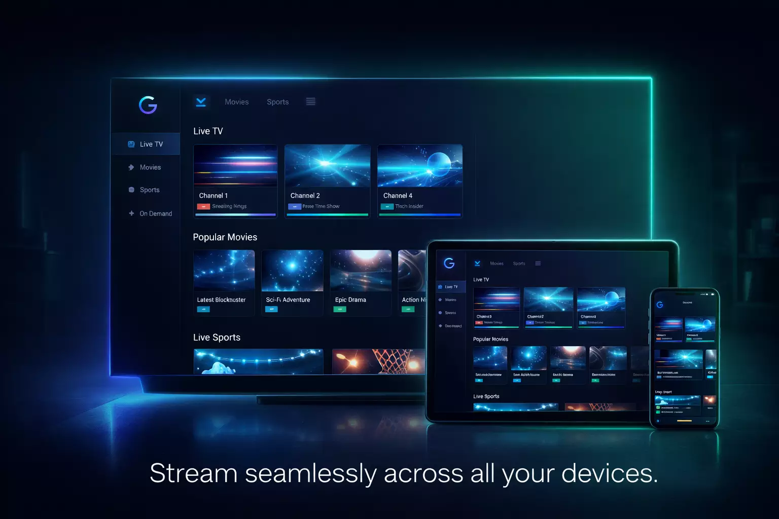 Guru IPTV dashboard showing live channels, sports and movies on multiple devices